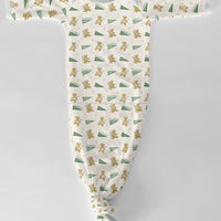 Teddy Bear Golf Baby Gown Tied Bottom Gown With Vintage Golfing Teddies