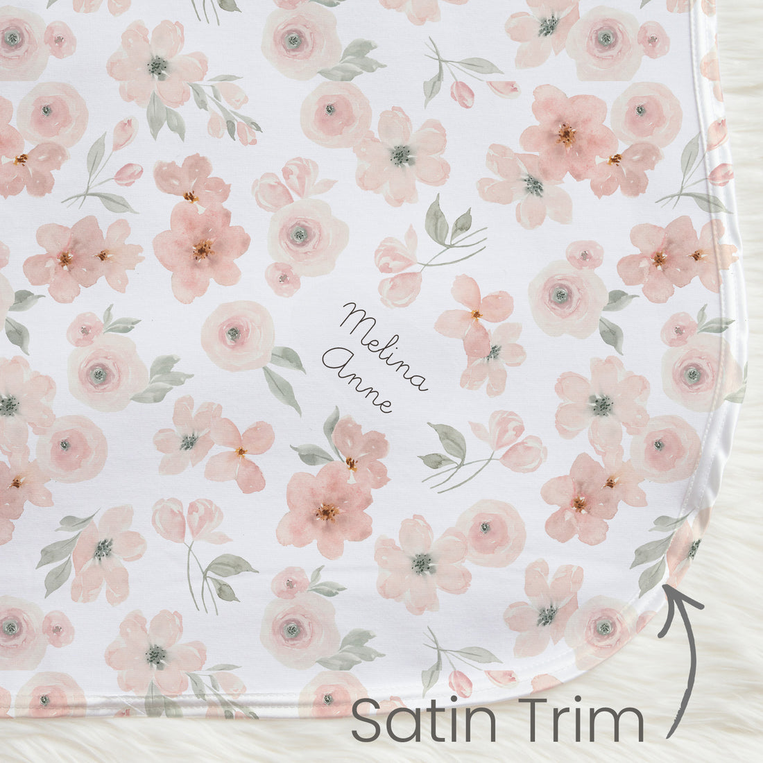Personalized Baby Blanket – Peach Blossom Floral Receiving Blanket with Satin Trim