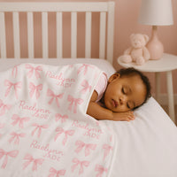 Pink Heirloom Bows Personalized Keepsake Baby Blanket, Satin Bound Baby Girl Blankie