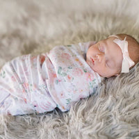 Pink Baby Swaddle – Personalized Floral Bow Print Soft Stretchy Knit Blanket