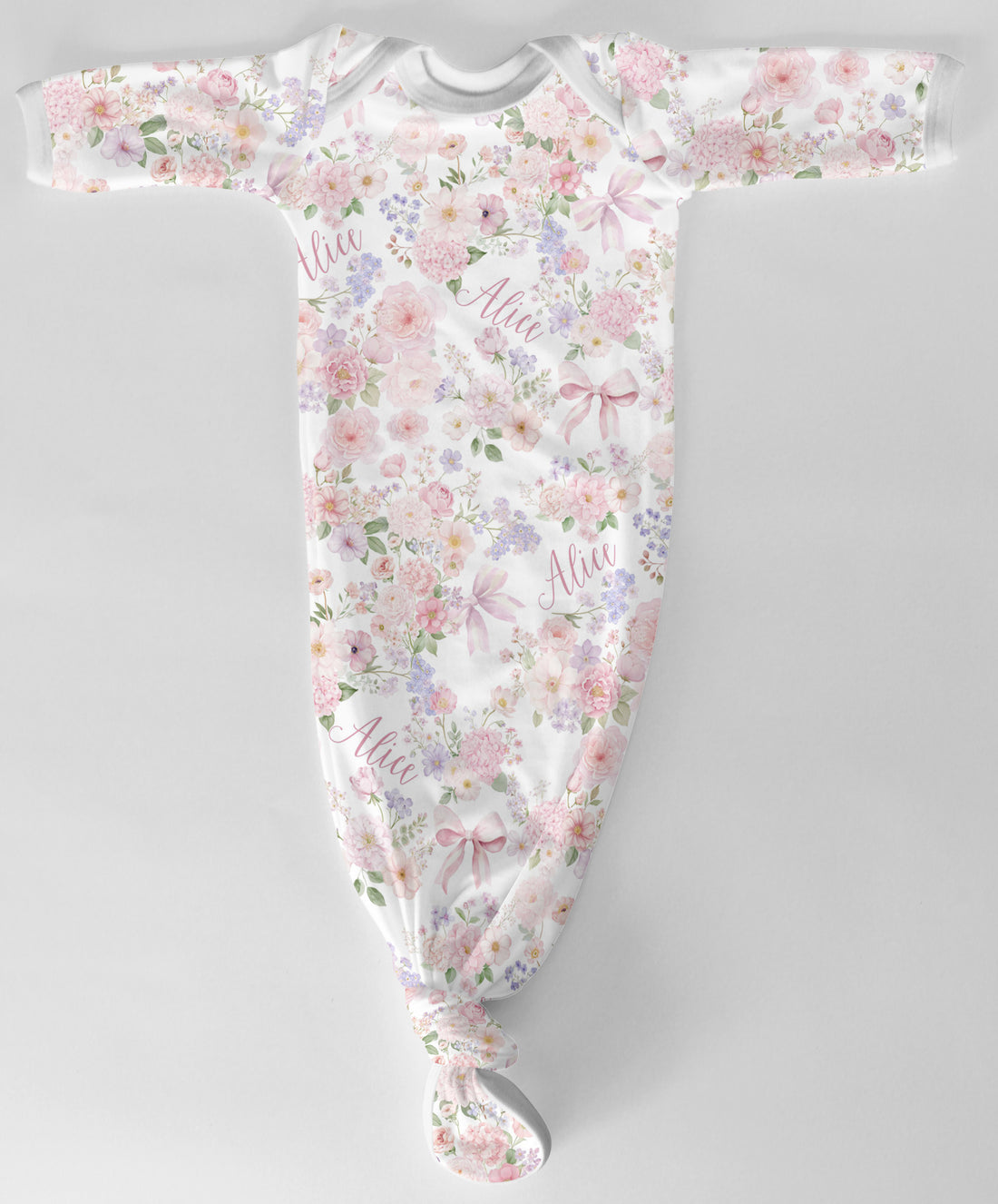Personalized Baby Gown - Pretty in Pink Floral Tie Bottom Gown with Name