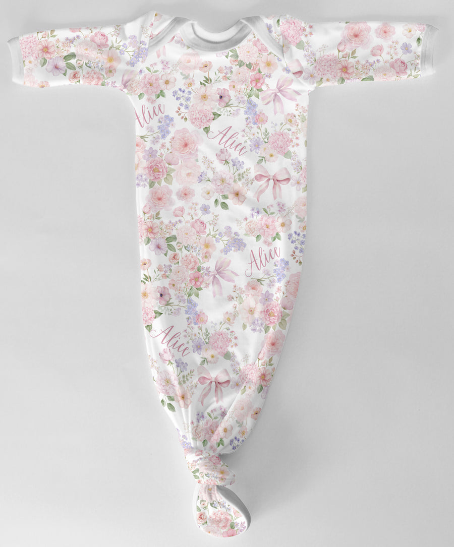 Personalized Baby Gown - Pretty in Pink Floral Tie Bottom Gown with Name