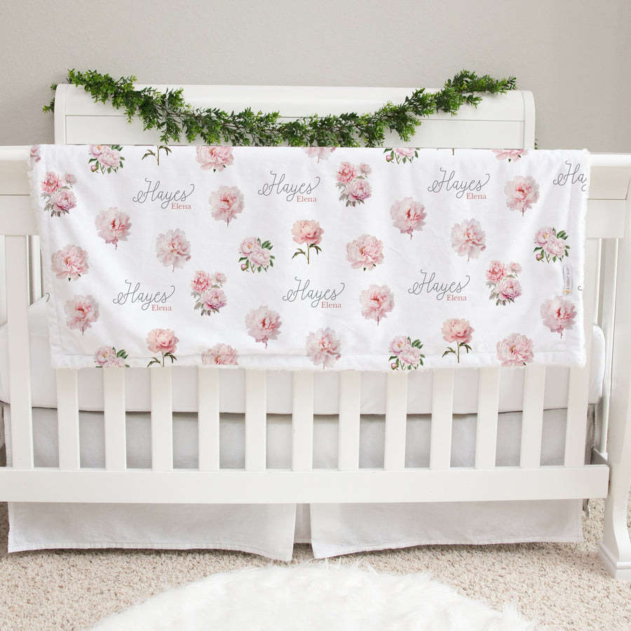 Pretty Peony Minky Baby Deluxe Blanket - Soft Pink Floral Print, Plush