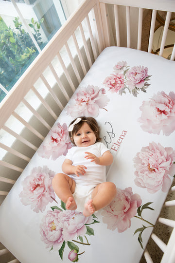 Pretty Peony Personalized Crib Sheet, Baby Girl Floral Bedding