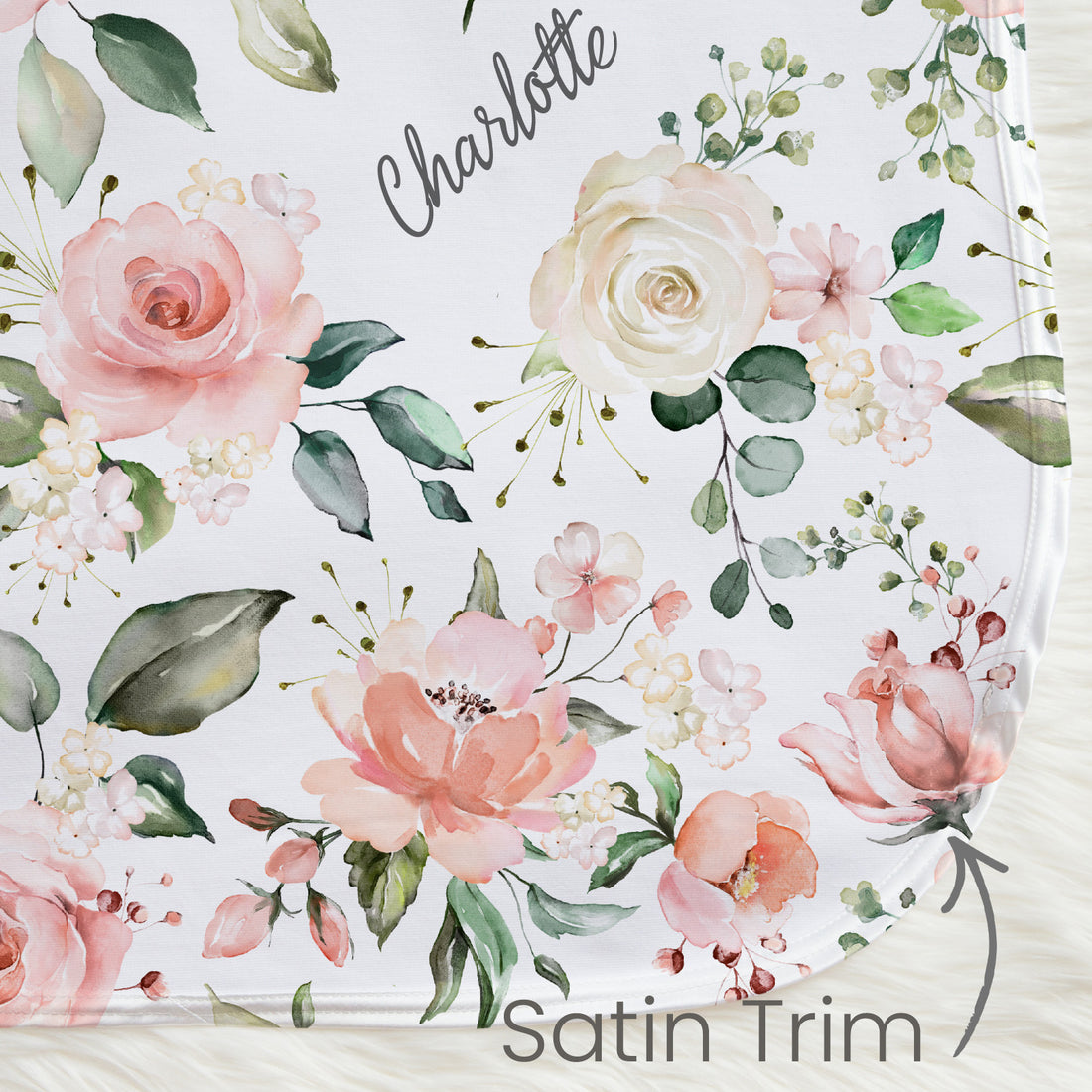 Personalized Baby Blanket – Vintage Pink Roses Floral Receiving Blanket with Satin Trim