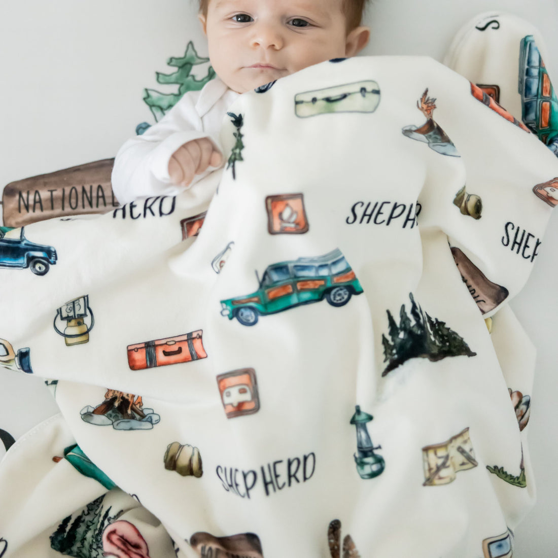 baby holding receiving blanket with his name and classic National Park themed images on a white background