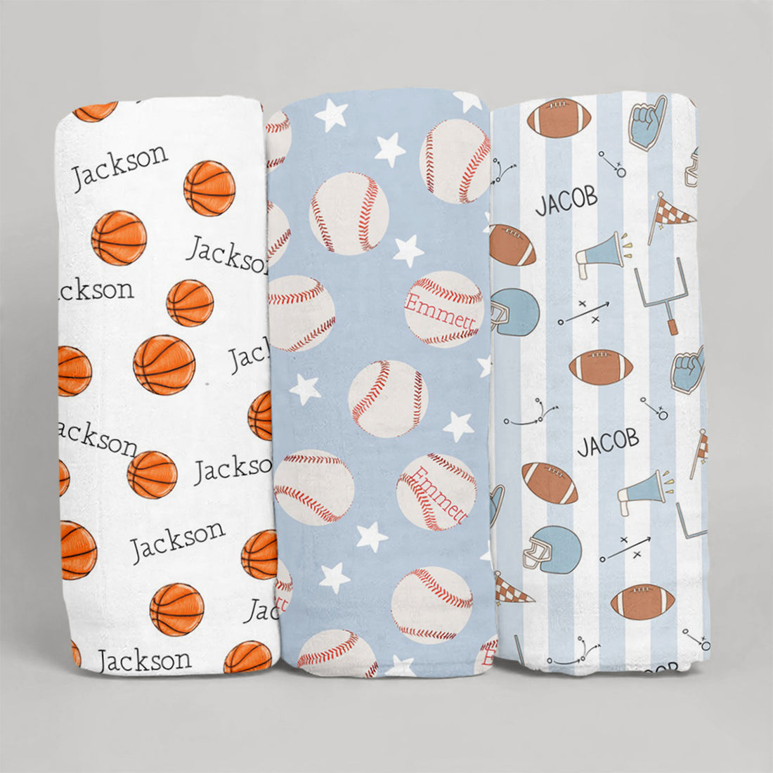Sports Sleep Saver Swaddle 3-Pack for Boys, Personalized Basketball Baseball Football Blankets