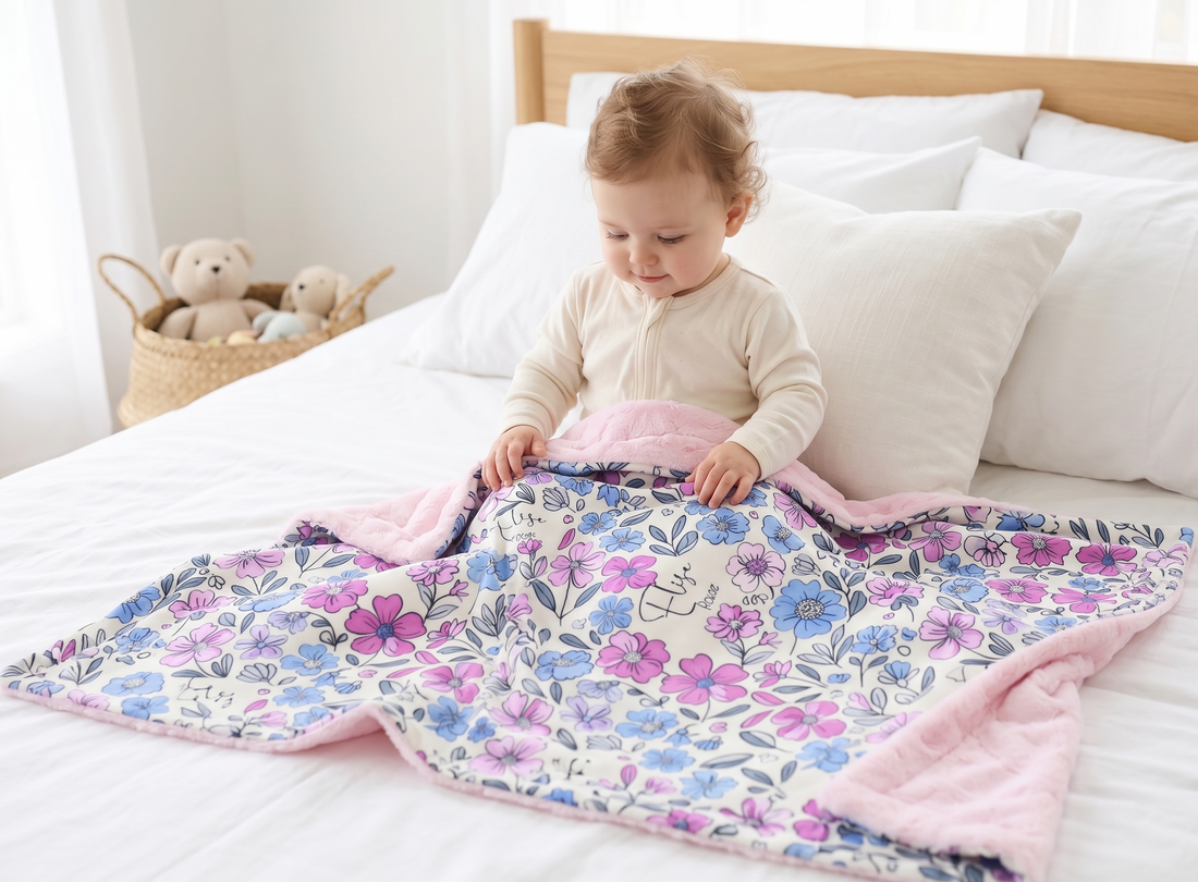Personalized Baby Blanket – Violet Fields Purple and Pink Floral Minky Fur Blanket Deluxe