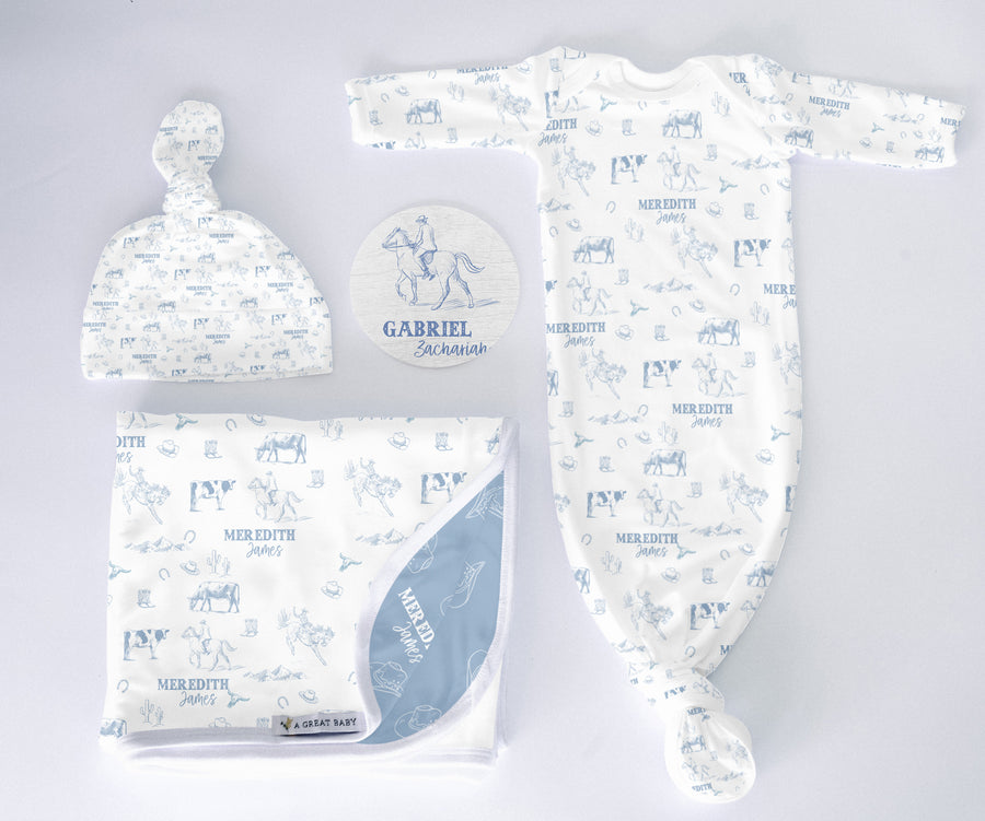 Western Toile Baby "Take Me Home Set" – Blue Cowboy Print