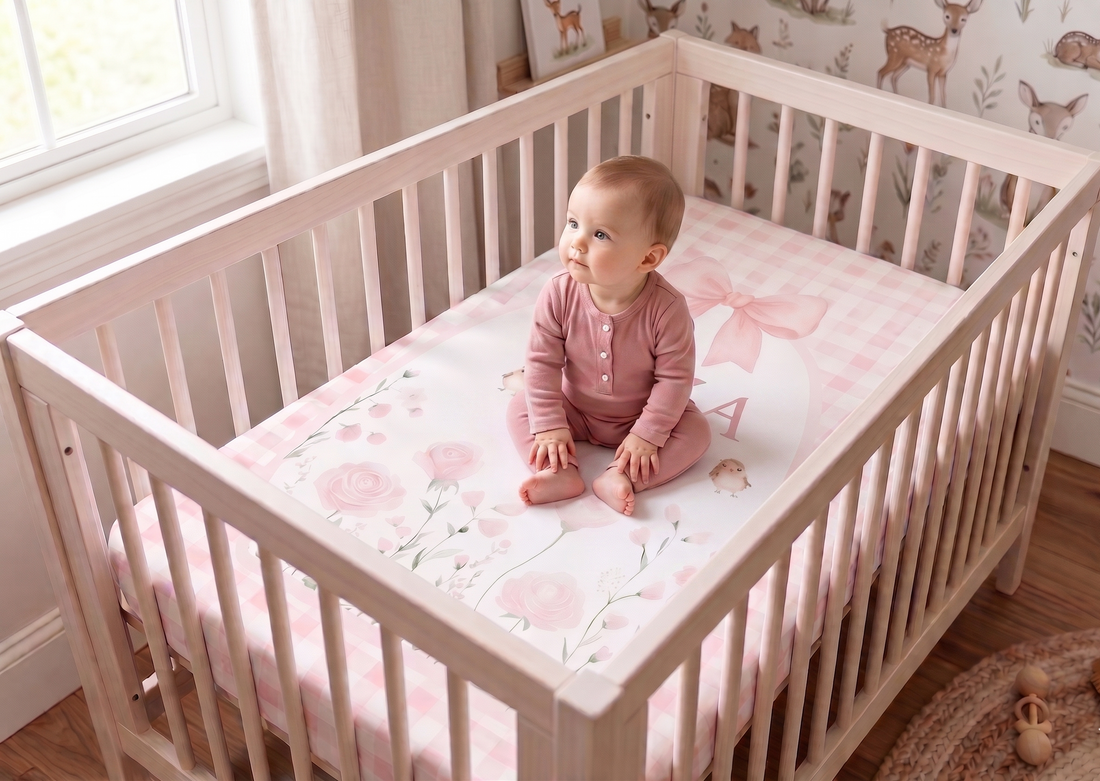 Woodland Fairies Personalized Crib Sheet, Pink Ribbon Floral Baby Girl Nursery Bedding