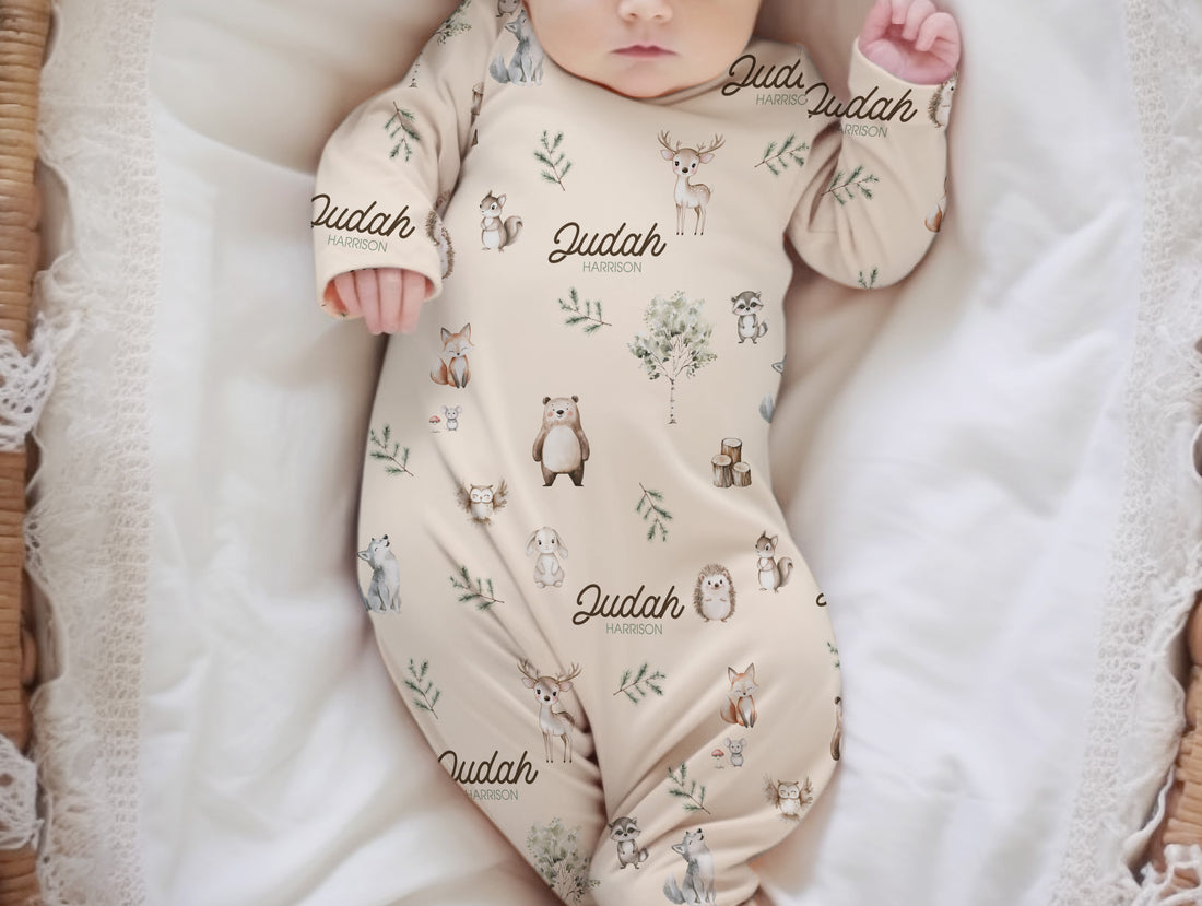 Woodland Animals Personalized Knotted Baby Gown, Long Sleeve Newborn Outfit for Daily Wear