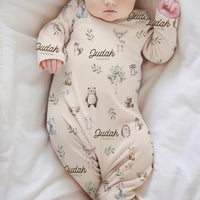 Woodland Animals Personalized Knotted Baby Gown, Long Sleeve Newborn Outfit for Daily Wear