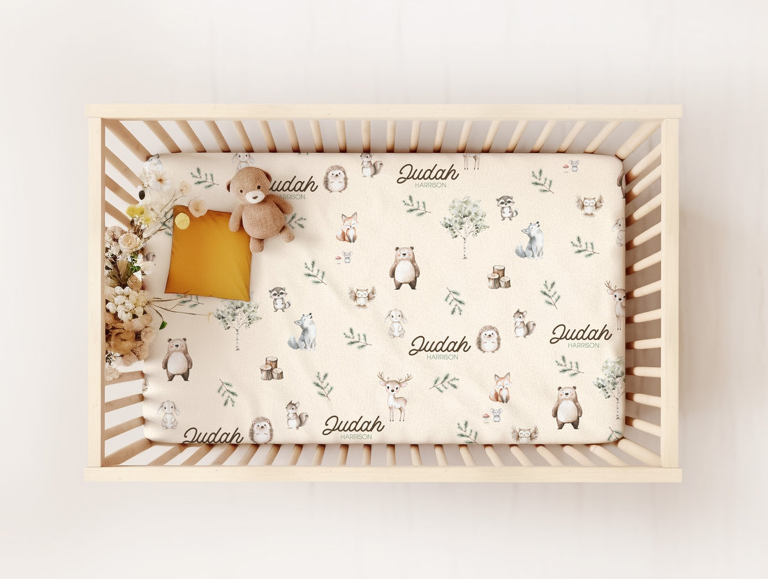 Woodland Animals Crib Sheet - Personalized Forest Animal Fitted Sheet for Standard Crib Mattress