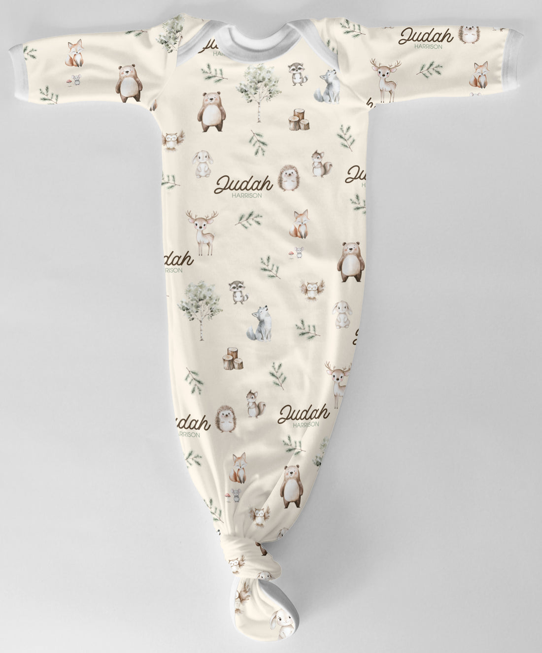Woodland Animals Personalized Knotted Baby Gown, Long Sleeve Newborn Outfit for Daily Wear