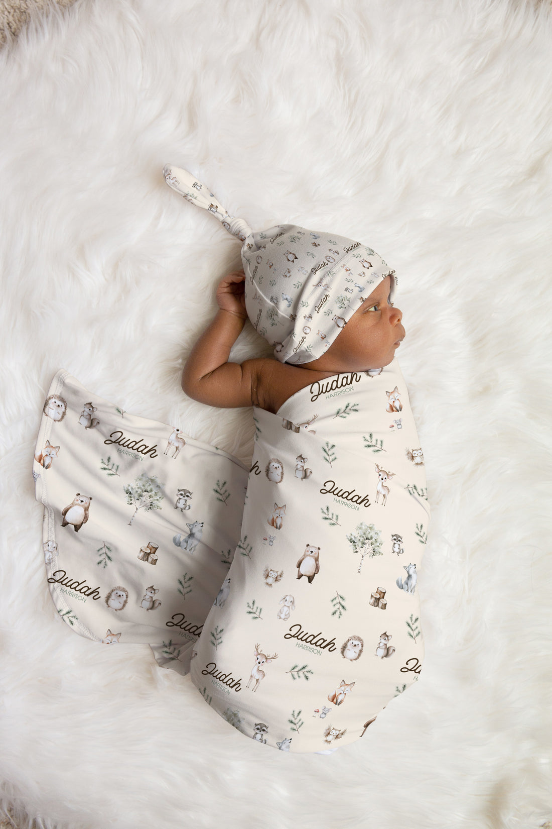 Woodland Animals Personalized Stretchy Baby Swaddle, Ultra Soft Forest Print Newborn Blanket