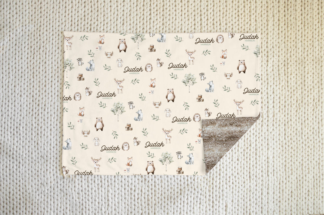 woodland animal print personalized minky baby blanket that's gender neutral 