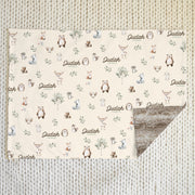 woodland animal print personalized minky baby blanket that's gender neutral 