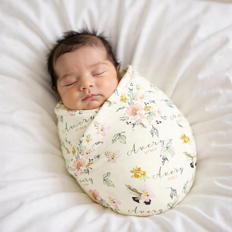 Stretchy Swaddle Blanket – Personalized Floral Baby Name Blanket, Soft Polyester Jersey