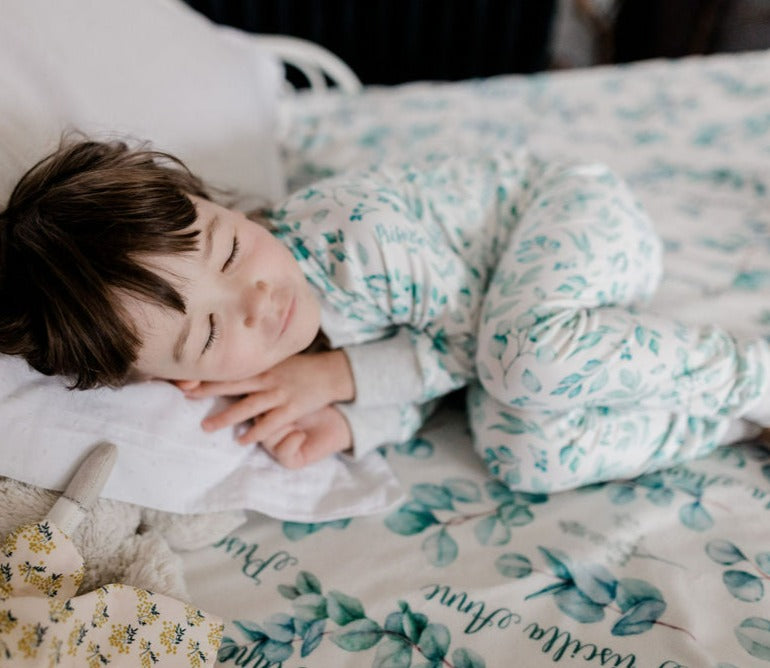 personalized pajamas for little girls, eucalyptus print pajamas