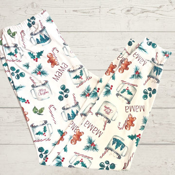 Picture of hot cocoa personalized Christmas pajamas. 