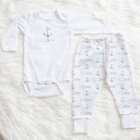 blue anchors outfit for baby boy with name.  Nautical coming home outfit for baby boy