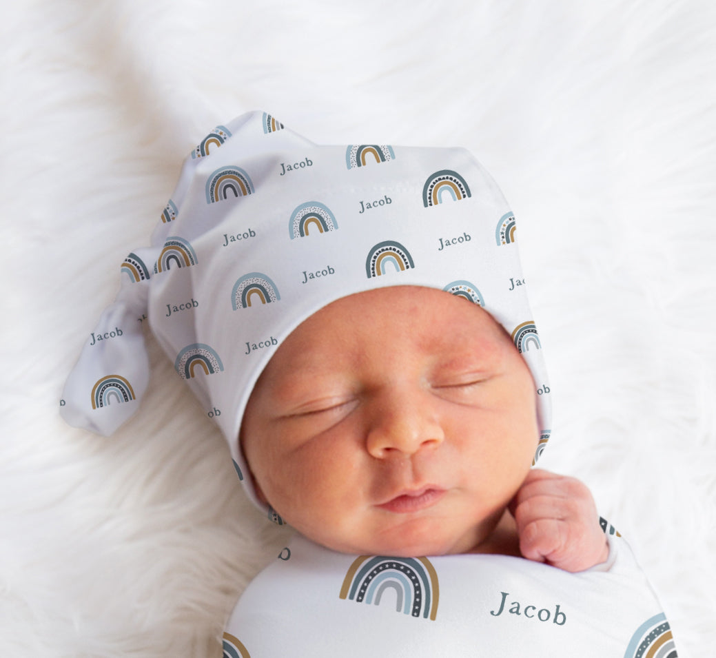 Newborn Personalized Blankets Blue Rainbows Stretchy Swaddle