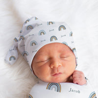 Newborn Personalized Blankets Blue Rainbows Stretchy Swaddle
