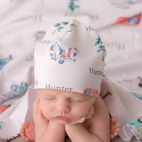 infant hat with campers and name