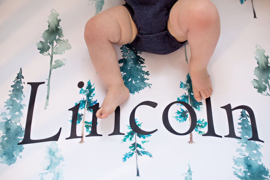 Woodland Nursery pine tree fitted crib sheet with baby's name