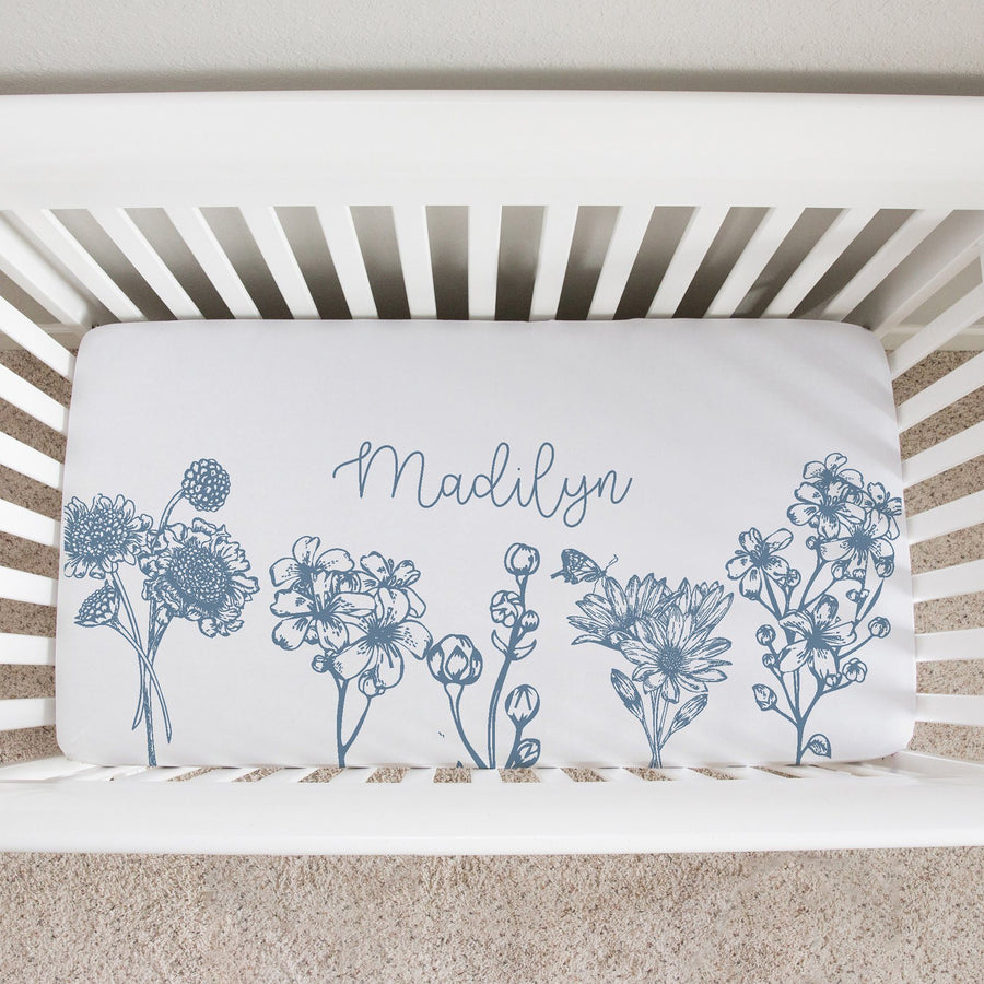 Colleen Floral Blue Personalized Custom Crib Sheet