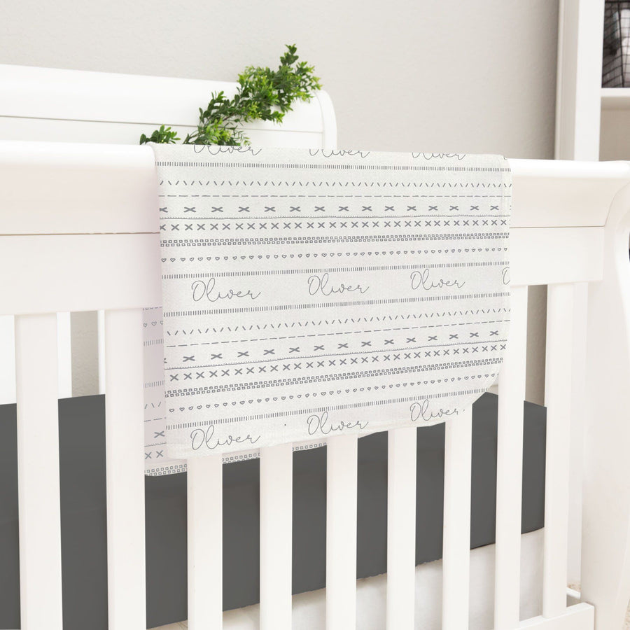Gray Mudcloth Blanket - Personalized Baby Swaddle Wrap With Satin Trim